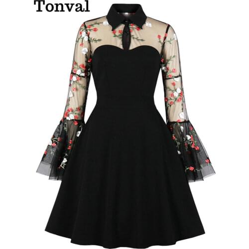 Tonval Floral Embroidered Mesh Long Sleeve Elegant Party Dress Vintage Women Turn-Down Collar Keyhole Black A-Line Mini Dresses