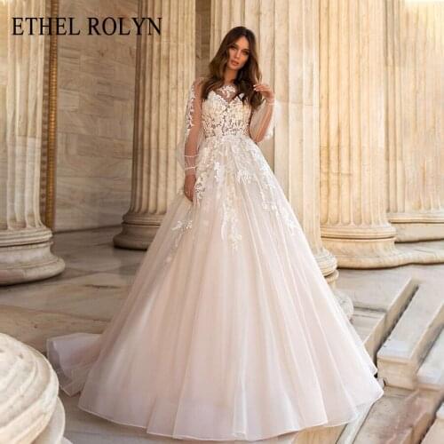 ETHEL ROLYN Illusion Scoop Princess Wedding Dress 2021 Romantic Beaded Appliques Puff Sleeve A-Line Bride Gowns vestido de novia