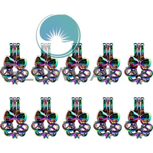 10x C268 Rainbow Colors Bowknot Beads Cage Jewelry Making Perfume Essential Oil Diffuser Pearl Cage Locket Pendant