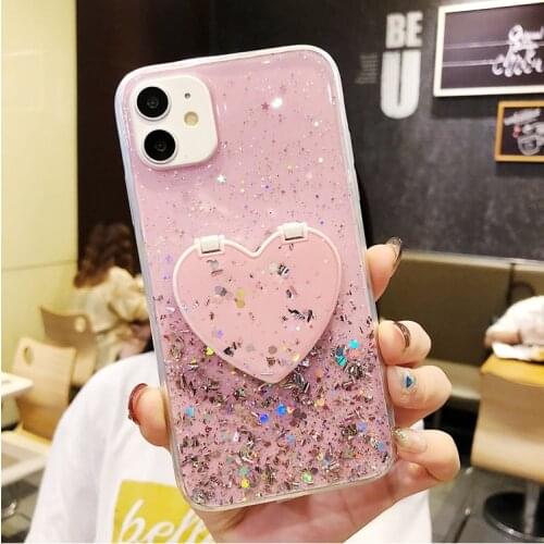 Glitter Bling Love Heart Mirror Phone Case for iPhone 11 Pro X XR XS Max 7 8 Plus SE2020 Clear Stand Soft TPU Silicon Back Cover