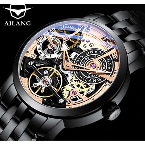 AILANG Original Design Watch Full Steel Automatic Tourbillon Wrist watches Men montre homme mechanical Saat Pilot Skeleton 2019