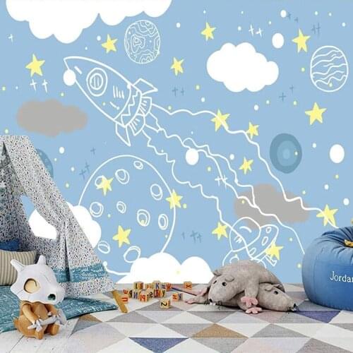 Dropship Custom Mural Cartoon Hand Painted Rocket Universe Starry Sky Children Boys Room Wallpapers for Bed Room Kids Wallpaper