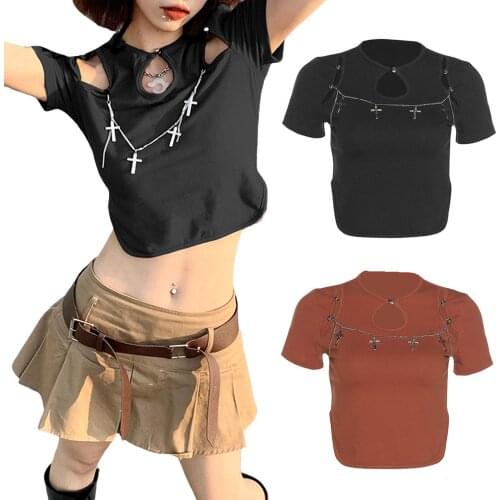 Summer Ladies Round Collar T-shirt, Solid Color Chain Decoration Short Sleeve Hollow Midriff-baring Tops Slim Base Shirt Top