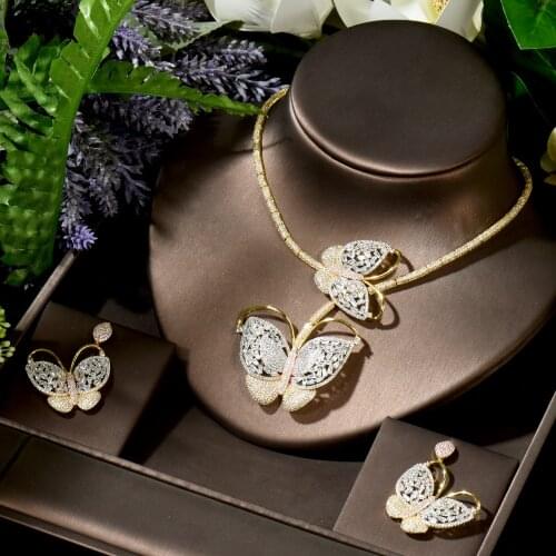 HIBRIDE Super Luxury Butterfly Charms Jewelry Set For Women Wedding Cubic Zircon Necklace Earring Set Dress Accessories N-1757