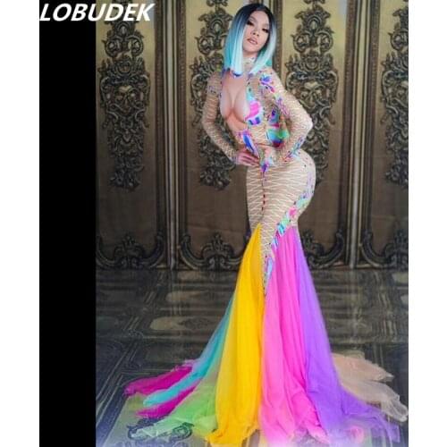 Sparkly Crystals Bandage Printed Fishtail Dress Trailing Long Dress Sexy Occident Nightclub Bar Party Women Singer Stage Outfit
