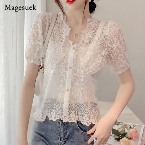 Korean Style Lace 2021 Sexy Women Tops See-Through Blouse Summer Short-Sleeve Shirt Fashion V-neck Shirt with Camisole 14069