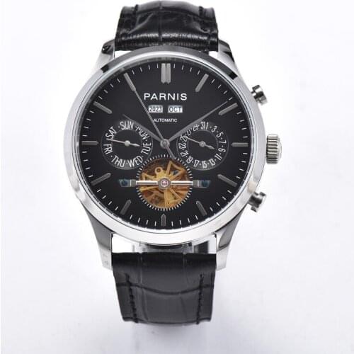 Parnis 43mm Silver Case Automatic Mechanical Mens Watch Perpetual Calendar Men Watches Black Leather Strap Man