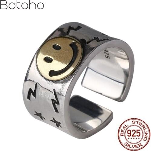 Lovers' Smile Face Ring 925 sterling Personality Fashion Men Women Open Ring Cool Thai Silver color Jewelry Valentines Gift
