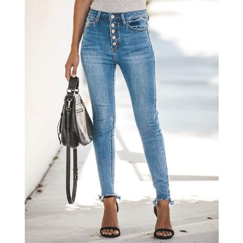 2021 Summer Autumn High Waist Jeans Stretch Ripped Jeans For Women Denim Skinny Jeans Mom Plus Size Multi-breasted Pencil Pant