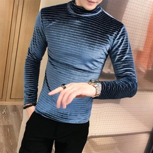 Autumn Solid Slim Fit Underwear Tops Long Sleeve Casual Striped T-shirts 2020 Fashion Men T Shirts Turtleneck Velvets