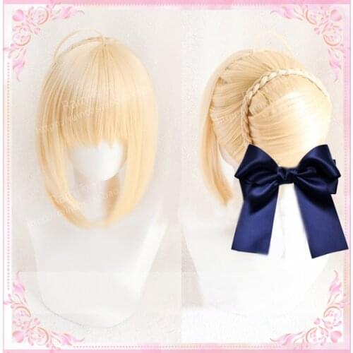 Fate Stay Night Altria Pendragon Saber Cosplay Wig Game Anime FGO Fate Grand Order Heat Resistant Cosplay Wigs + Bow Hairpins