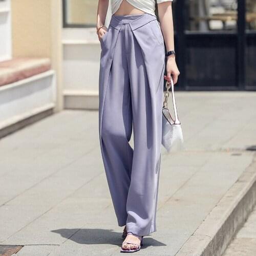 QOERLIN Thin Summer Purple Long Pants Women Loose Casual Wide Leg High Waist Trouser Office Ladies Elegant Fashion Trousers S-XL