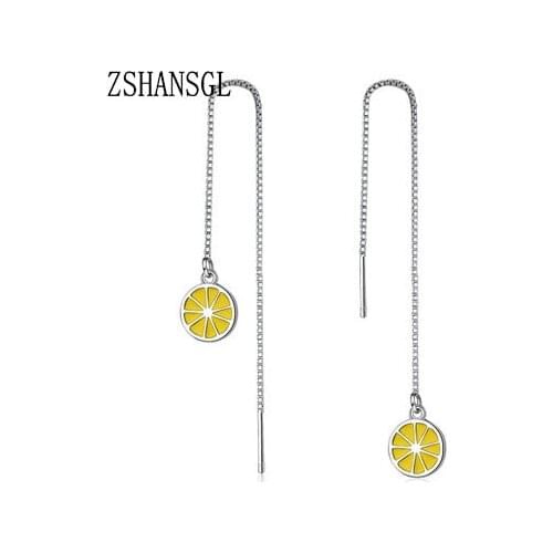 Luxury Silver Color Geometric Long Tassel Orange design glaze Drop Earrings for Women Fruit shaped Jewelry