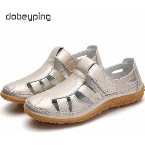 Dobeyping New Hollow Womens Sandals Genuine Leather Woman Summer Shoes Breathable Female Beach Flat Shoe Sewing Ladies Footwear