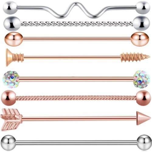 TIANCIFBYJS 14G 1-8pcs Surgical Steel Industrial Barbell Earring Rose Gold Tragus Cartilage Helix Piercing Body for Women Men