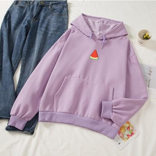Harajuku Kawaii Hoodies Women Tumblr Kpop Style Watermelon Pink Sweatshirts Lady Fruit Sweet Cotton Hoody Streetwear Clothes