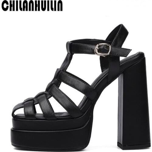 Summer fashion buckle platform sandals genuine leather party wedding shoes ladies high heels women pumps black white shoes pumps