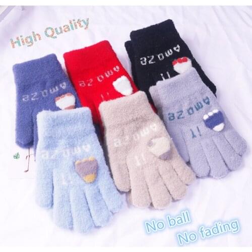 Winter Girls Full Finger Gloves Kids Cute Letter Cartoon Warm Soft Knitted Stretch Mittens Children Playing Sports 3-7 Years Old