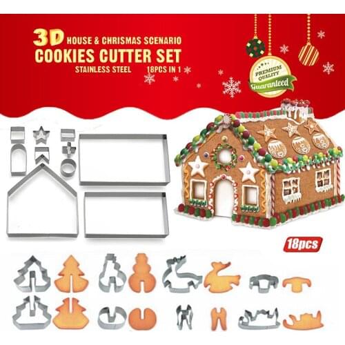 18PC 3D Cookies Cutter Set Stainless Steel Christmas House Cookie Mold DIY Baking Cookie Tools Biscuit Fondant Cutters Christmas
