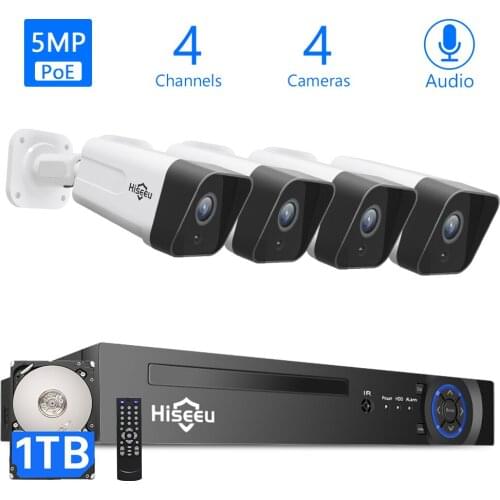 5MP PoE Security Camera System with 1TB Hard Drive,4CH PoE NVR + 4Pcs 5MP Super HD Outdoor Security PoE IP Camera with Audio