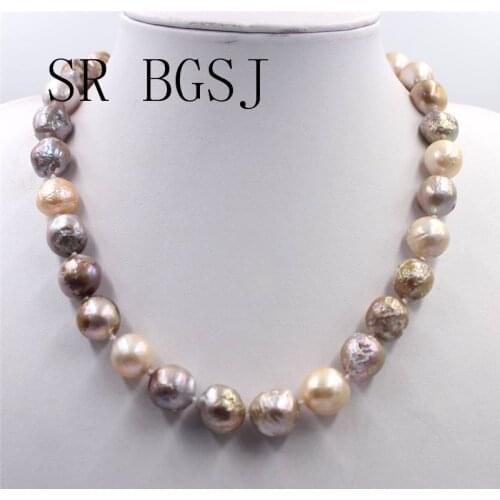 Free Shipping 12-14mm Women Jewelry Nearly Knot Round Reborn Edsion Freshwater Big Pearl Necklace 18"