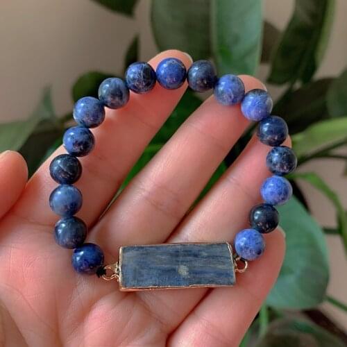 Natural Gem Stone Sodalite Strand Bracelet Imperial Jaspers Rectangle Bar Charm Real Kyanite Blue Quartz Crystal Bracelets Reiki