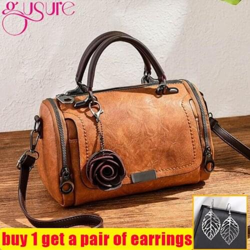 Gusure Elegant Handbag Women Crossbody Bag Small Tote Shoulder Bags with Top-handle Retro Boston Bag Hanging Flower Ornament