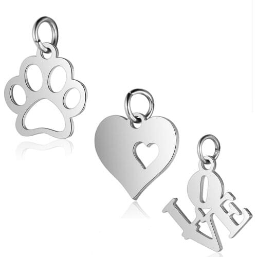 Fnixtar Stainless Steel Hollow Dog Paw Love Heart Letter Love Charms Pendants Handmade DIY Jewelry Making 10Piece/Lot