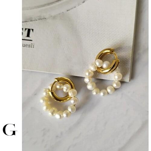 GHIDBK Baroque Freshwater Pearls Circle Hoop Earrings Handmade Gold Dainty Double Rings Earring Minimalist Natural Pearl Hoops