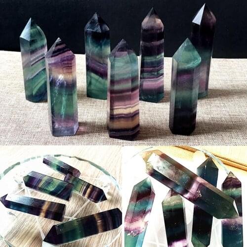 Hot 100% Natural Fluorite Crystal Colorful Striped Fluorite Quartz Crystal Stone Point Healing Hexagonal Wand Treatment Stone