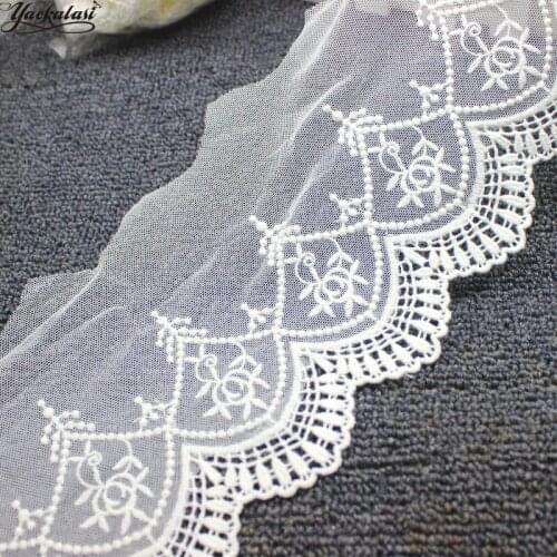 YACKALASI Cotton Lace Eyelet Embroidered Appliqued 3D Flower White Black Soft Tulle Fabrics Scalloped Sewing Apparel Trims 12CM
