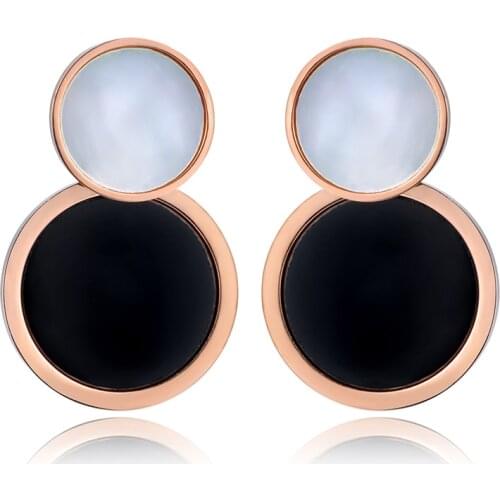 JeeMango Classic Black White Shell Double Circle Earrings For Women Titanium Steel Rose Gold Wedding Earrings Jewelry E18014
