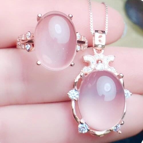 Per jewelry Natural real rose quartz oval style jewelry set 1pc 7.5ct ring 1pc 11ct pendant 925 sterling silver R203169