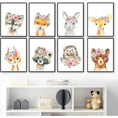 Fox Bunny Deer Bear Raccoon Hedgehog Flower Wall Art Canvas Painting Nordic Posters And Prints Wall Pictures Kids Room Decor