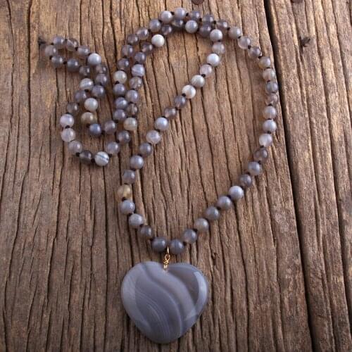 RH Fashion Boho Jewelry Gray Natural Stones Long Knotted With Gy Jaspers Rose Flower Pendant Necklaces Women Bohemia Necklace