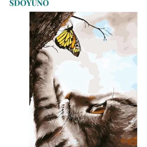 SDOYUNO 60x75cm Painting By Numbers DIY Cats And Butterflies Frameless Digital Painting Animals Drawing By Numbers On Canvas
