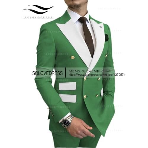 SOLOVEDRESS New Mens Suit Green Double-breasted White Lapel Fashion Groom Best Man Wedding Party (Blazer + Pants) X