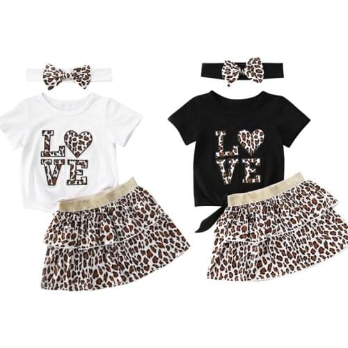 0-5Y Summer Lovely Infant Baby Girls Clothes Sets Leopard Letter Print Short Sleeve T Shirts Tops A-Line Skirts Headband