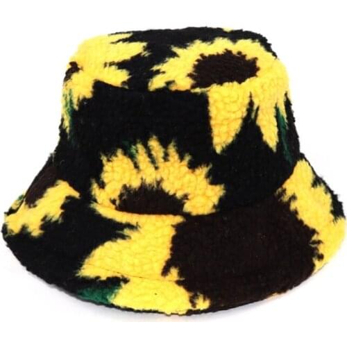 Lamb Wool Winter Fall Bucket Hat for Women Sunflower Hat Black Yellow Warm Fisherman Fit for Home Trend Casual
