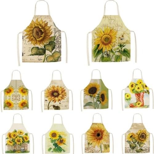 Sunflower Oil Painting Printed Kitchen Apron for Woman Cotton Linen Bib 55*68cm Home Cooking Baking Cleaning Tool