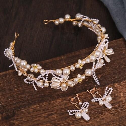 Purchasing products new wedding gift jewelry set, headwear pearl flower shape, earring headband two-piece set, ladies prom