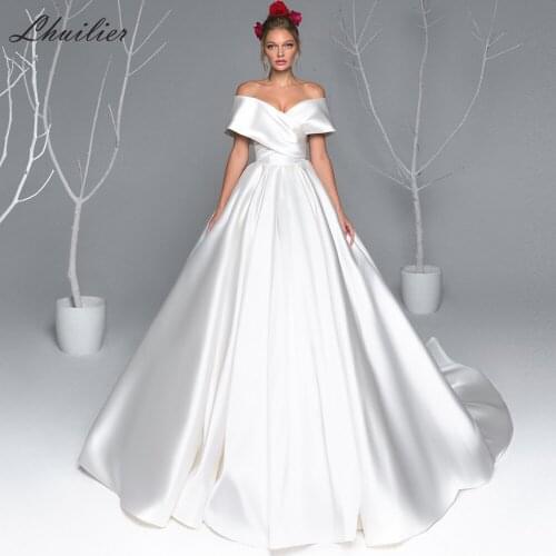 Lhuilier A-line Off the Shoulder Satin Wedding Dresses 2020 V-neck Pleated Floor Length Chapel Train Bridal Dress Zipper Closer