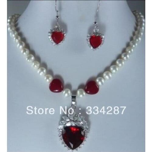 NEW 7-8mm White Akoya Cultured Pearl & heart red crystal zircon Necklace earring 18"