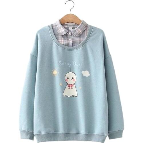 Spring Women Japan Style Plaid Collar Fake Two-Piece Sweatshirt Female Cute Print Loose Warm Fleece Sweatshirts Student 2012503