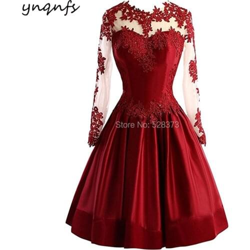 YNQNFS C4 Lace Long Sleeves Burgundy Mother of the Bride Dresses robe de cocktail courte Wedding Party Guest Dress 2019