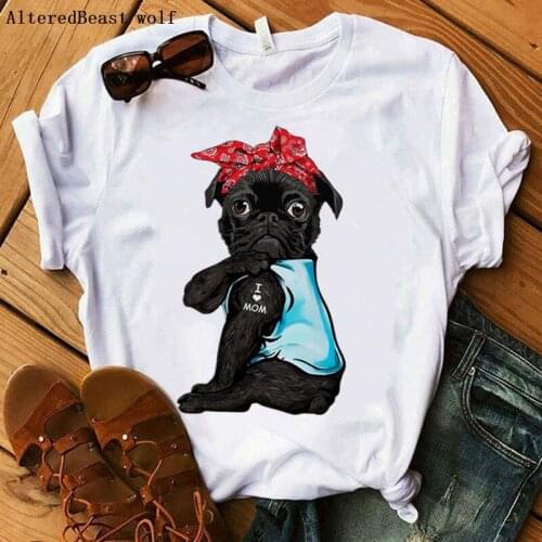 Black Pug I Love Mom Tshirt Women Harajuku Bandana Mama T-shirt Casual Tee Top Summer Short Sleeve Female T Shirt Women Clothing