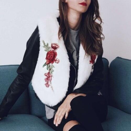 Embroidery Flower Womens Fur Coat Short Vest Autumn Winter 2020 Faux Fur Jacket Women Vintage Artificial Fur Vest Plus Size 4XL