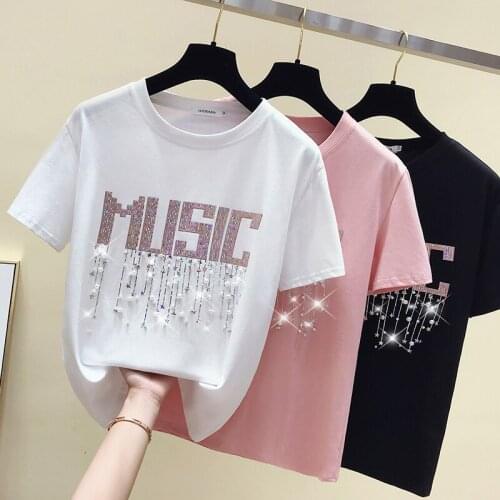 Gkfnmt Summer T shirt Women Beading Letter Pink Tee Shirt Femme Vintage T-shirt Female Short Sleeve Cotton White Tshirt Tops