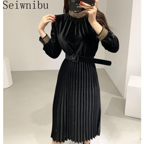 Chic Stand Collar Patchwork High Waist Women Dresses Elegant Mid-length Velvet Pleated Dress A-line Vestidos With Belt