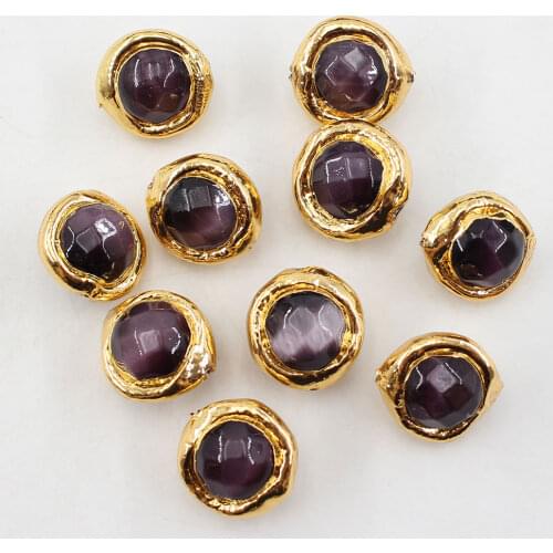 10Pcs 15MM Natural Purple Cat eye Loose Beads Gold Plated Connector Beads For Necklace Pendant Jewelry DIY